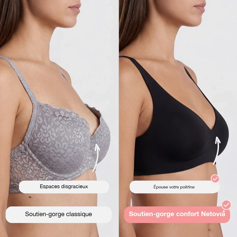 Soutien-gorge classique avec espaces disgracieux, comparé au soutien-gorge confort qui épouse la poitrine